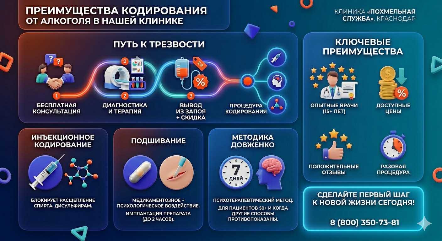 Инфографика о методах кодирования от алкоголя в Новохоперском: инъекции, подшивание, метод Довженко. Преимущества клиники и этапы лечения.