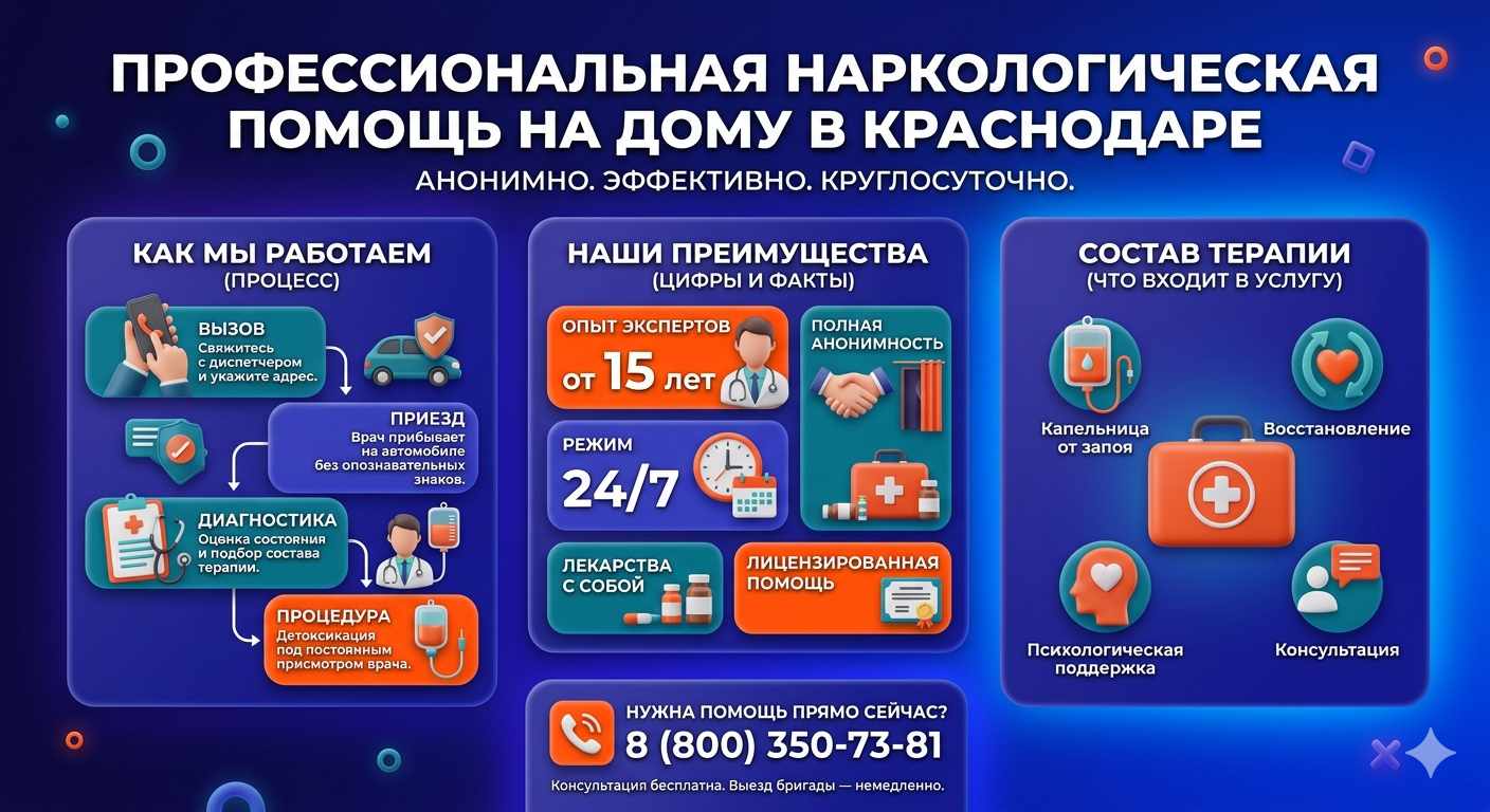 Инфографика о принципах лечения алкоголизма на дому в Новохоперском: этапы вызова нарколога, преимущества анонимной детоксикации и состав медицинской помощи.